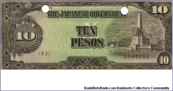PI-111 Philippine 10 Pesos noet under Japan rule, plage number 45, hole cancel. Banknote