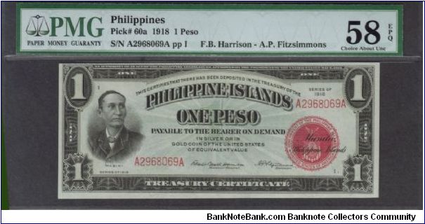 p60a 1918 1 Peso Treasury Certificate Banknote