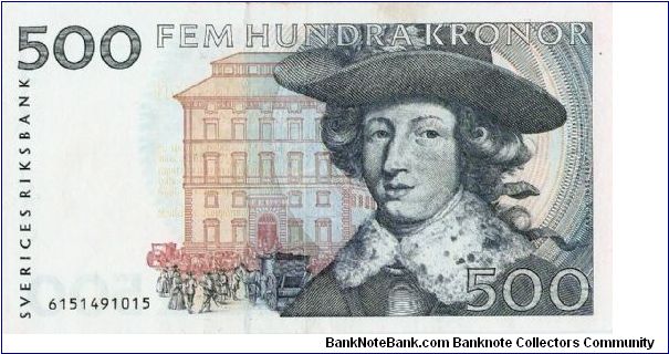 500 Kronor.

King Carl XI at right on face; Christopher Polhem seated at center on back.

Pick #58b Banknote