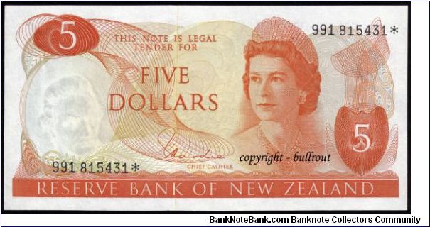 $5 Hardie I ***VARIETY*** 991* Replacement note has a short # 1 in the serial. Notes known have been recorded in the range 991 815410* - 817277*.

Normal note also shown comparison.

For further information see The Decimal Banknotes of New Zealand 1967-2000 by Scott de Young. Banknote