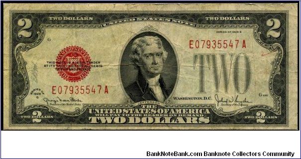 Series 1928G $2 US Note.  Serial: E07935547A Banknote