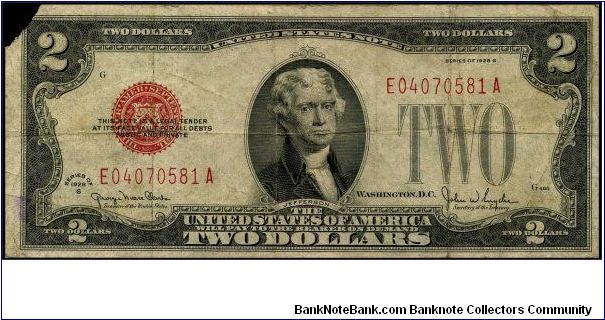 Series 1928G $2 US Note.  Serial: E04070581A Banknote