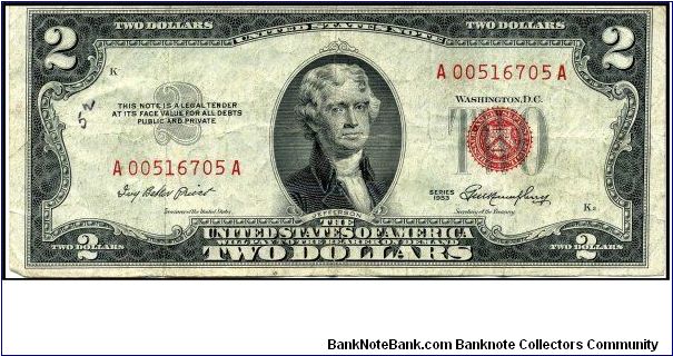 Series 1953 $2 US Note.  Serial: A00516705A Banknote