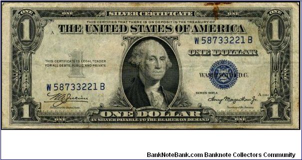 Series 1935A $1 Silver Certificate.  Serial: W58733221B Banknote