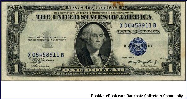Series 1935A $1 Silver Certificate.  Serial: X06458911B Banknote
