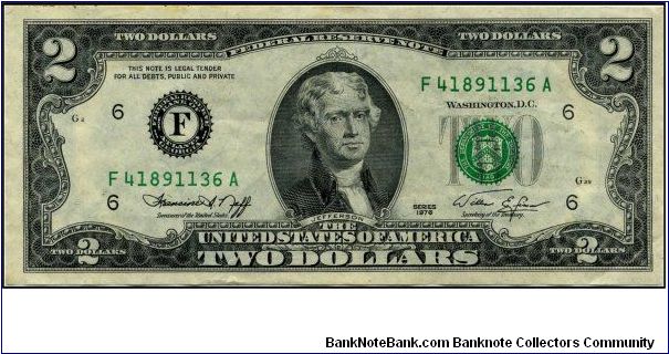 Series $2 Atlanta FRN.  Serial: F41891136A Banknote