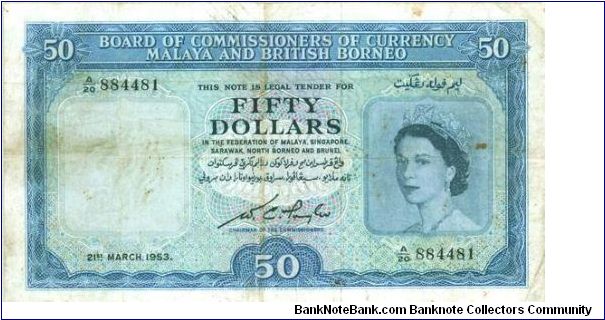 Malaya & British Borneo QEII $50 note very rare.
Now Offer for Sale!! new picture d Banknote