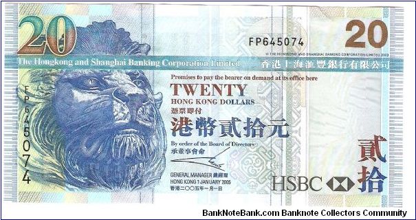20 Dollars.

The Honk Kong & Shanghai Banking Corporation Limited.

Lion's head at left on face; the Peak Tram at center on back.

Pick #207 Banknote