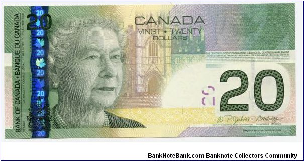2005 IBNS 'Bank Note of the Year' The 20-dollar note issued by the Bank of Canada carries a portrait of Queen Elizabeth II. The portrait used on the award-winning design of the 20-dollar note is probably the finest portrait of the mature monarch to appear on any bank note. 
-IBNS Banknote