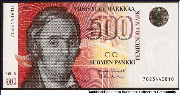 500 Markkaa.

Elias Lonnrot at left on face; Punkaharju on back.

Pick #120 Banknote