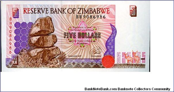 $5
Signed Governor LL Tsumba
Matapos Rocks & Gazells
Gazells & Terraced hills
Security Thread
Watermark Zimbabwe Stone carved Bird Banknote