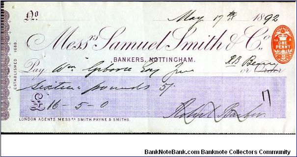 S Smith & Co Bankers of Nottingham  
1892
Cheque £16.5.0  
1d duty stamp red
2 sigs to front
Rev blank Banknote