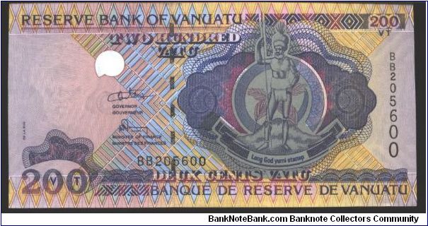 Purple and violet on multicolour underprint. Arms with Melanesian chief standing with spear at center right. Statue of family life, Traditional parliament in session and flag on back.

Watermark: Melanesian male head.

Signature 4

Printer: TDLR Banknote