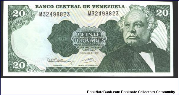 Similar to #53

Dark green on mulitcolour underprint. Caracas d under bank title. Title 82mm, horizontal center designin left center of guiloche.

Printer: TDLR (without imprint)

8.12.92 Short design in guiloche. Serial # prefix A, D-H, J-N, P-Z. Banknote