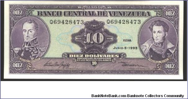 Like #51

Purple on light green and lilac underprint. Caracas removed from upper center beneath bank title.

Printer: ABNC (withour imprint)

5.6.1995 Serial # prefix: P-U Banknote