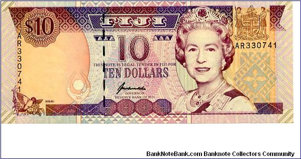 $10 
Purple/Blue/Cream
Front Value above Kikau Bird, QEII, Coat of arms
Rev Family in reed boat 
Security thread
Watermark Fijian Native's Head Banknote