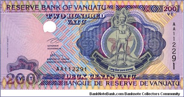 200 Vatu. Chief/Arms on front. Statue of family, Traditional parliament and flag on back Banknote