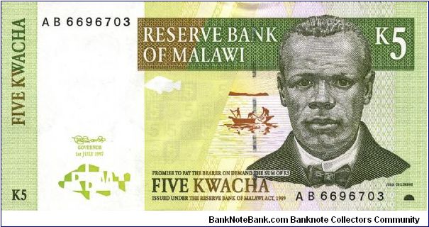 5 Kwacha. John Chilimawe on front. Village scene on back Banknote