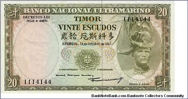 20 Escudos. Issued when Timor was a Portuguese colony. Banknote