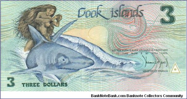 3 Dollars. Nude woman on shark on front. Fishing canoe and Te-Rongo statue on back. Banknote