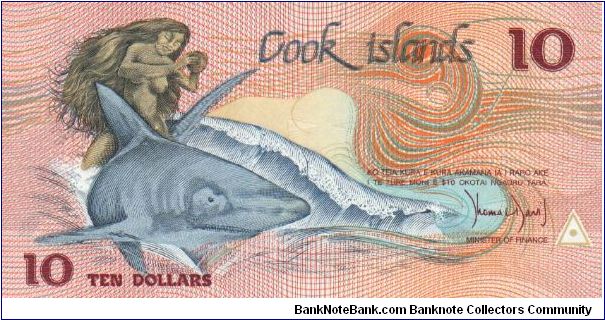 10 Dollars. Nude woman on shark on front. Statues of gods on back Banknote