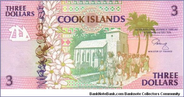 3 Dollars. Church on front. Aitutaki on back. Banknote