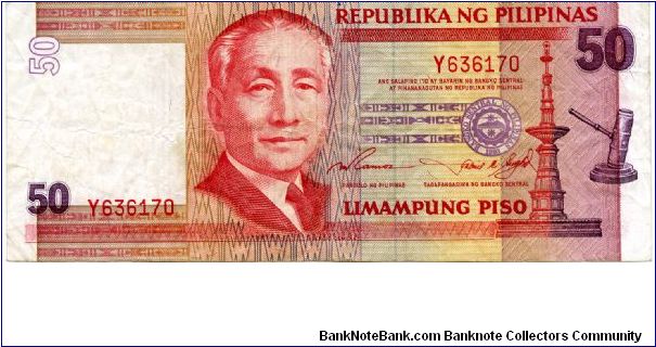 50 Piso
Red/Purple
Sergio Osmena, Bank seal, Fountain & Gavel
Legislative building 
Security stip
Watermark Sergio Osmena Banknote