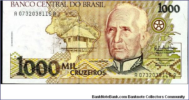 1000 Cruzados
Green/Orange
Native hut, C Rondon, Map of Brazil in background 
Native Children
Security thread
Watermark Head of Liberty Banknote