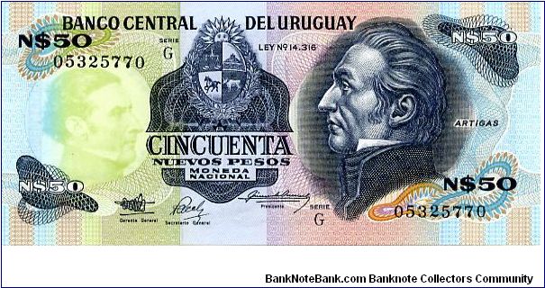 50 New Pesos
Green/Black/Blue/Rose
Coat of Arms & J G Artigas
Goverment building
Series G
Security thread
Watermark J G Artigas Banknote