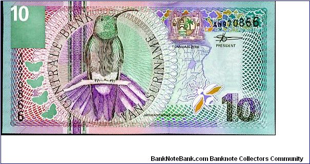 10 Gulden
Green/Purple's
Black throated Mango  & Coat of Arms
Central Bank building & Scarlet Star
Security thread
Watermark  Central Bank building Banknote