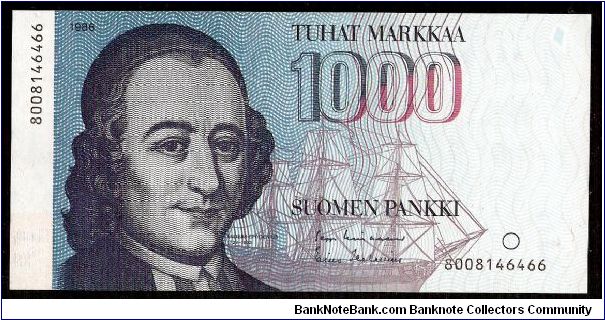 1,000 Markkaa.

Anders Chydenius at left, ship at center in background on face; King's gate, sea fortress of Suomenlinna in Helsinki harbor, seagulls on back.

Pick #117a Banknote