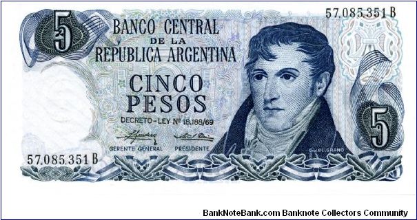 1974/76
5 Pesos
Blue
Ley #18.188/69
Gen Manuel Belgrano
Monument to the flag at Rosario  
Watermark Banknote