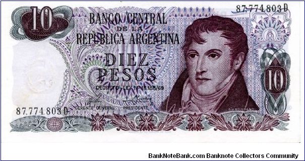 1973/76
10 Pesos
Purple
Ley #18.188/69
Gen Manuel Belgrano
Waterfalls at Iguazu   
Watermark Banknote