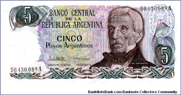 1974/78
5 Pesos
Purple/Brown/Black
Series 'B'
Elderly Gen San Martin
Hot springs at Jujuy 
Watermark Banknote