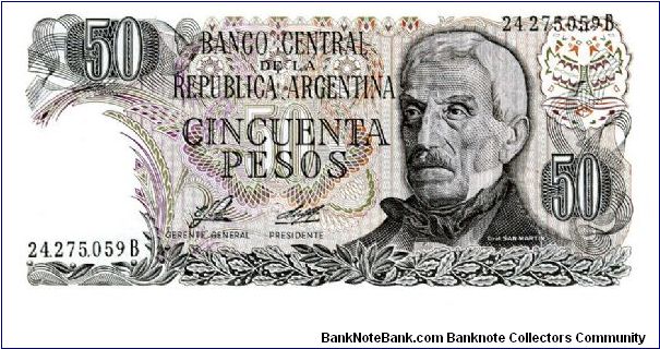 1983/84
50 Pesos
series B
Green
Elderly Gen San Martin
Army monument at Mendoza 
Watermark multiple sunbursts Banknote