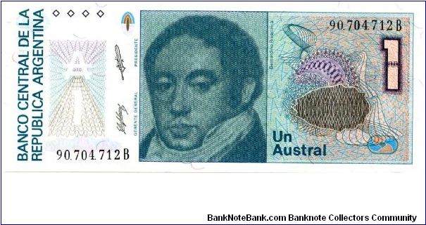 1 Austral
Green
Sig's 'C' 
Bernardino Rivadavia 
Liberty with torch & shield 
Watermark multiple sunbursts Banknote