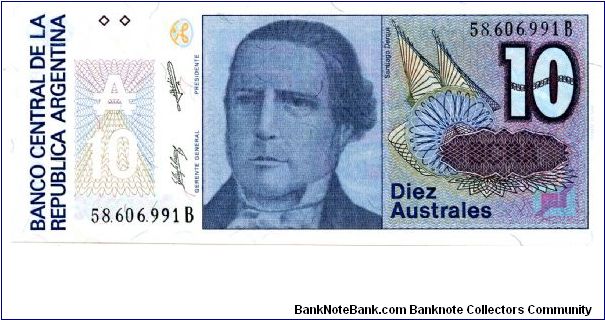 10 Austral
Blue
Sig's 'C' 
Santiago Derqui  
Liberty with torch & shield 
Watermark multiple sunbursts Banknote