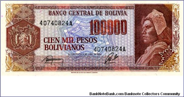 100,000 bolivianos 
Brown/Blue
Coat of Arms & Campisino
Agriculture old & new Banknote