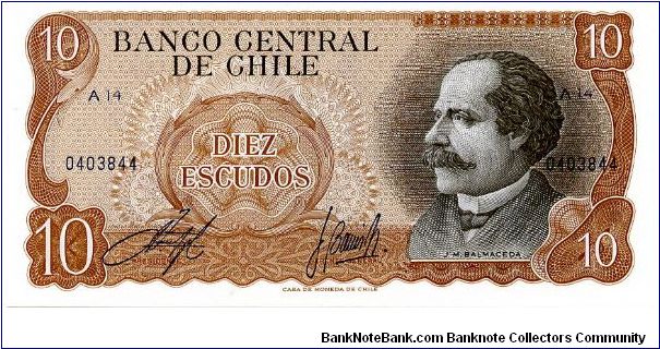 1967/76
10 Escudos
Brown/Black
J M Balmaceda
Peace of Maipu
WatermarkGeneral Bernardo O'Higgins Banknote