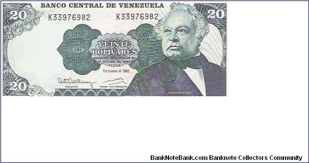 20 BOLIVARES

K33976982

P # 63D Banknote