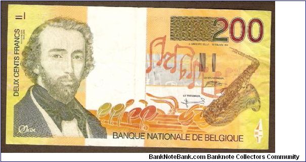 200 Francs.

Adolphe Sax at left, saxophone at right on face; saxophone players outlined at left, church, houses in Dinant outlined at lower right on back.

Pick #148 Banknote