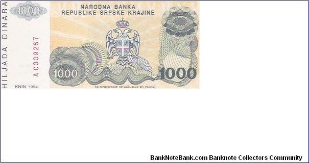 1000 DINARA

A 0009267

P # R30 Banknote