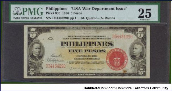 p83b 1936 5 Peso Treasury Certificate (War Dept. Issue) Banknote