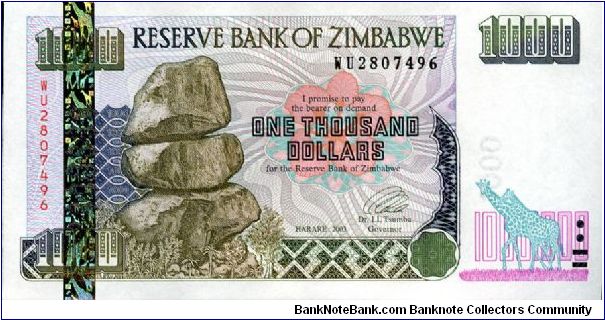 $1000
Signed Governor LL Tsumba
Matapos Rocks & Giraffe
Giraffe & Elephants
Silver Holo Strip with Giraffe's
Watermark Zimbabwe Stone carved Bird 
Watermark Zimbabwe Stone carved Bird Banknote