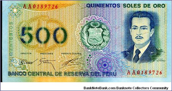 22 July 1976
Purple/Green/Orange
500 Soles  
Value & Coat of Arms, Portrait of Jose Quinones
Jungle logging Banknote