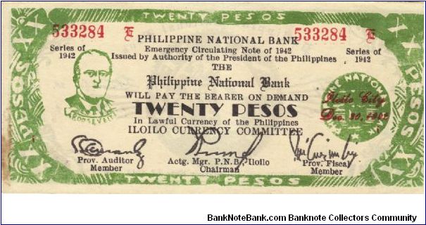 S-315 Iloilo 20 Pesos note with small auditor signature on front and broken P's in Philippines on reverse. Banknote