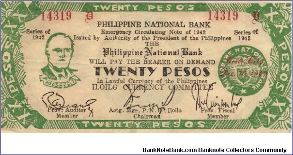 S-315 Iloilo 20 Pesos note with Plate #2 obverse, large Auditor signature, normal P's on reverse in Philippines. Banknote
