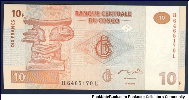 Congo 10 Francs 2003 P93. Banknote