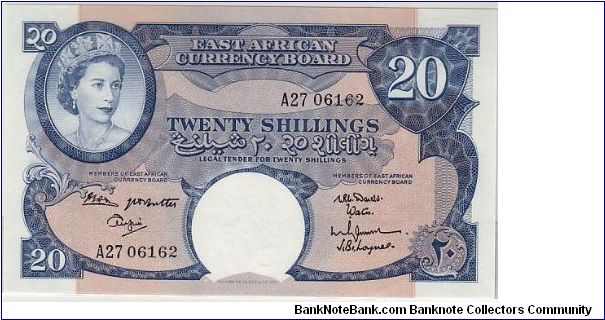 EAST AFRICAN CURRENCY BOARD--
20 SHILLINGS.
IT IS PART OF KENYA AS WELL AS TANZANIA Banknote