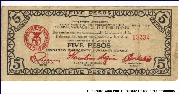 S-526a Mindanao 5 Pesos note Type 2, 3 circular ornaments in right border, printed from wooden plate previously used at Liangan. Small wide date. Banknote